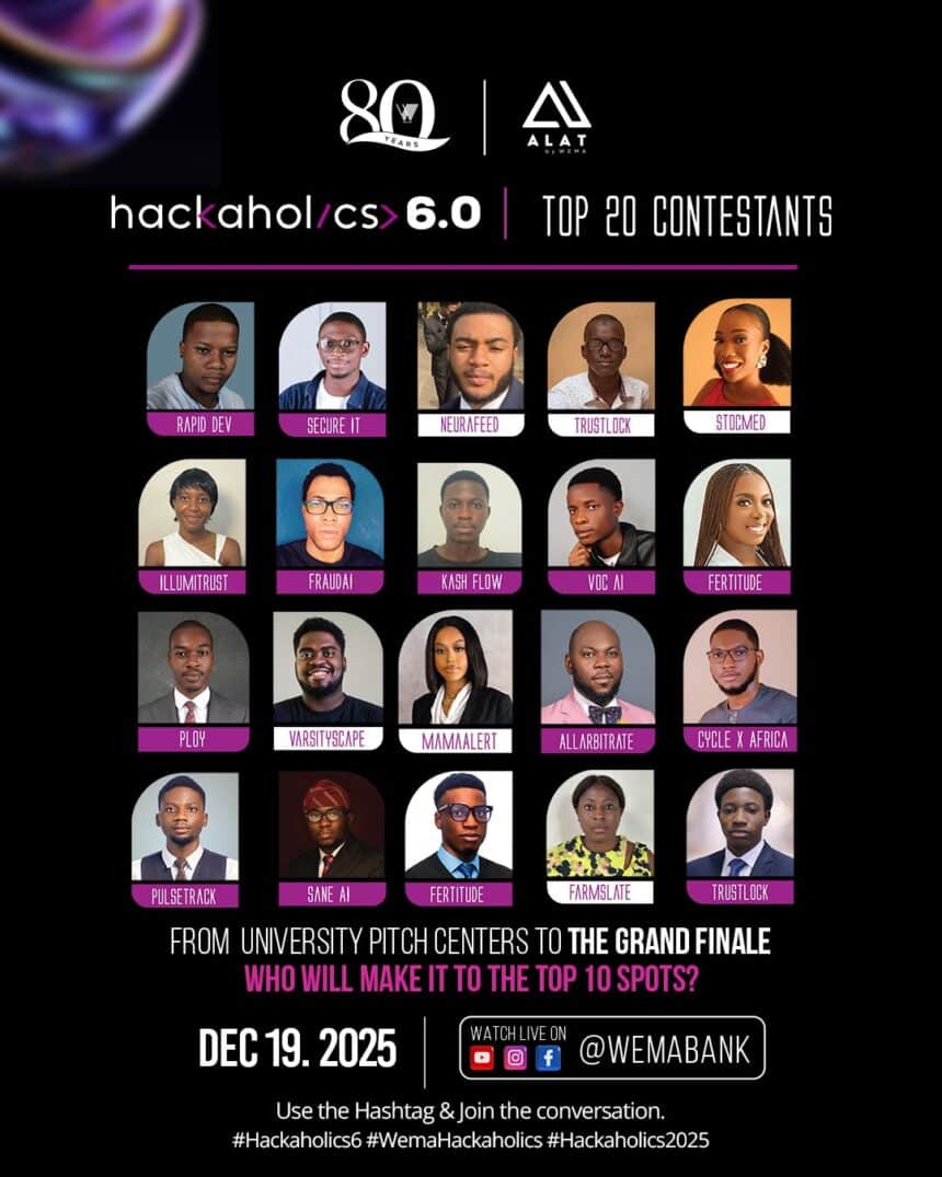 Wema Bank Unveils Top 20 Finalists for Hackaholics 6.0