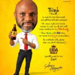 Rite Foods CEO Seleem Adegunwa holding a bottle of LIDA Malt in a creative birthday appreciation visual.